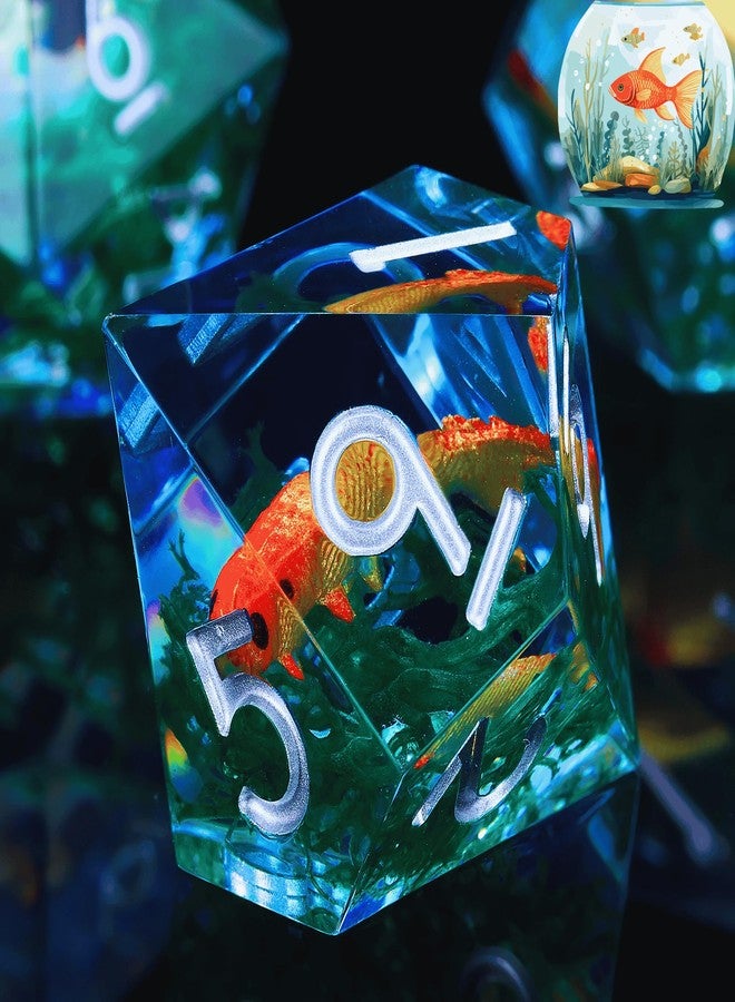 Froggod Moss and Koi Fish DND Dice Set - 7Pcs Sharp Edge Resin Polyhedral Game Dice for D&D RPG - Includes D20, D12, D10, D8, D6, D4 - Moss Agate Fish Design(Blue) - Image 1